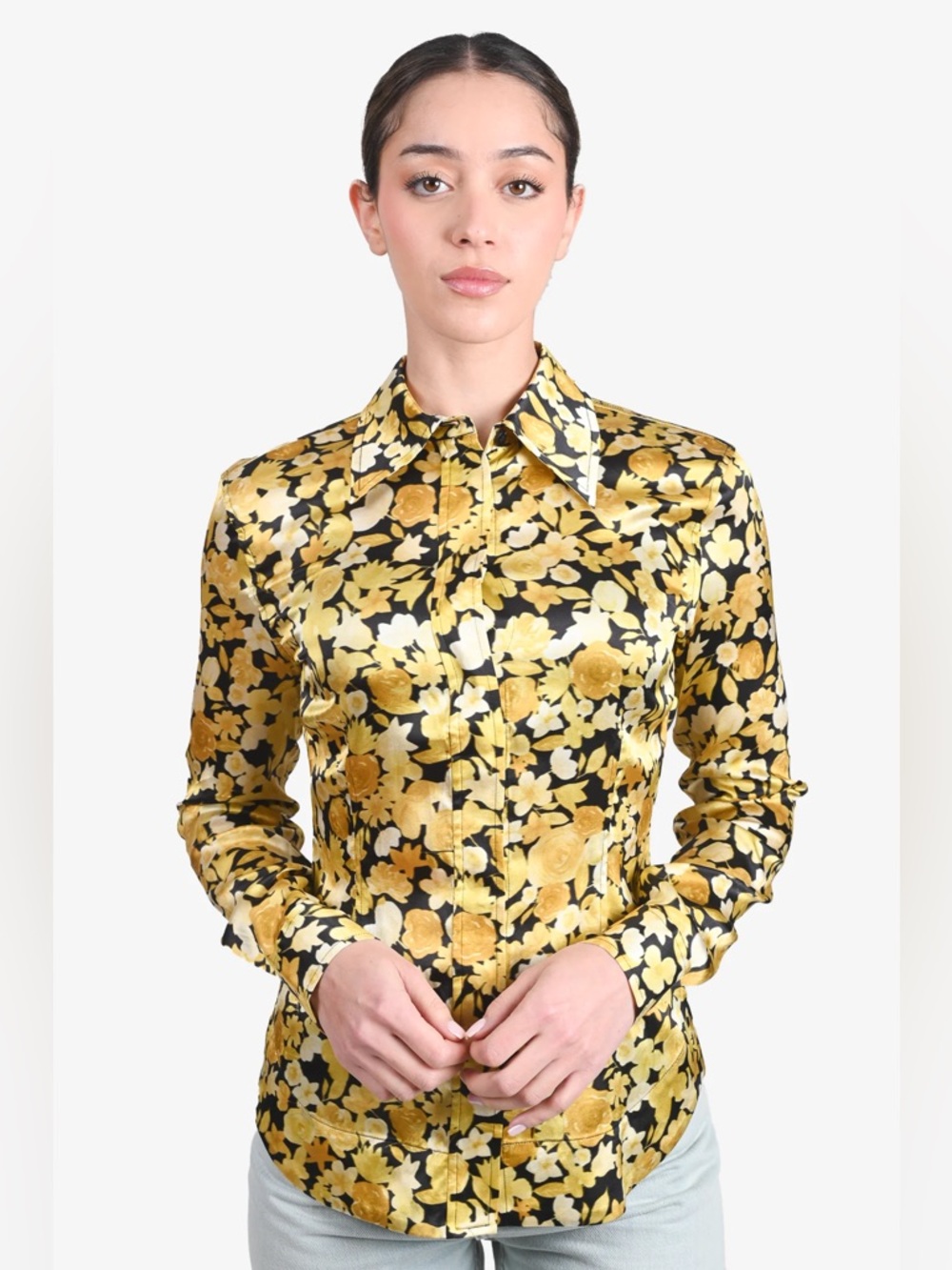 Ganni Black and Yellow Floral Button Down Shirt